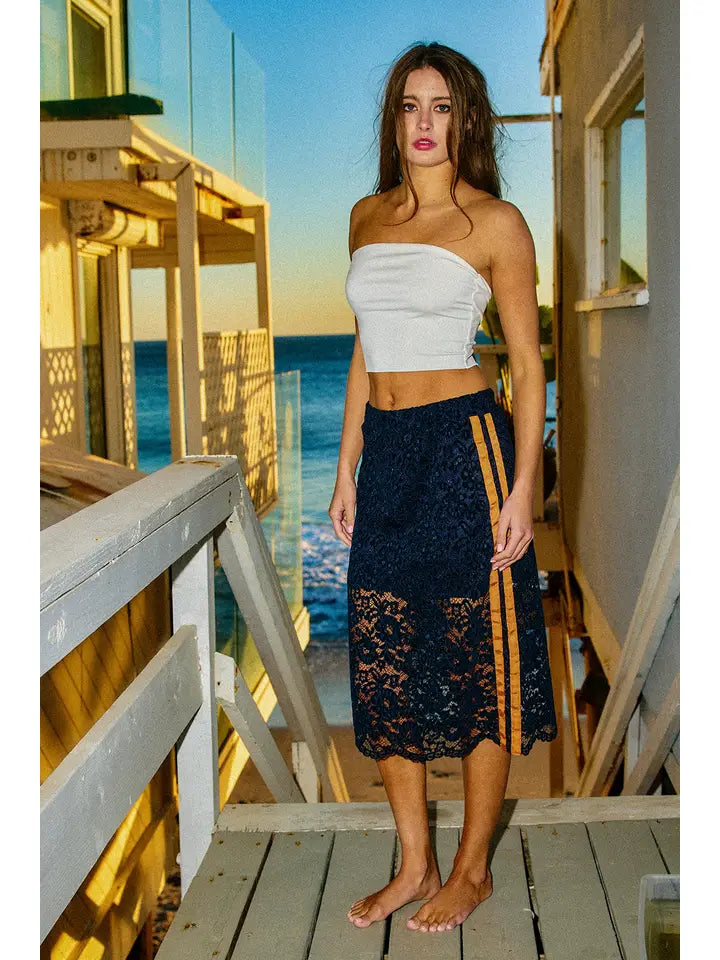 Lace Midi Skirt with Contrast Side Detail - Navy