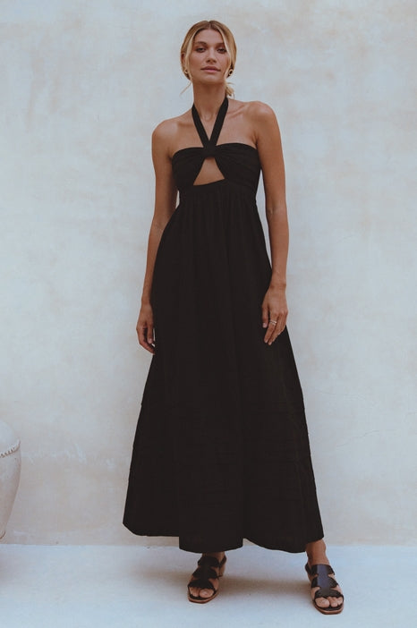 Penelope Halter Linen Maxi Dress - Black