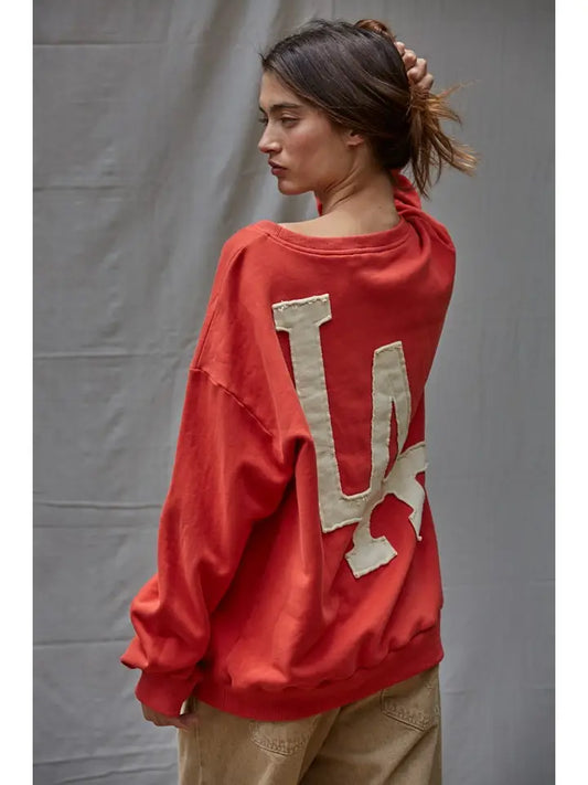 Pullover Top with Patch Work - Dusty Red