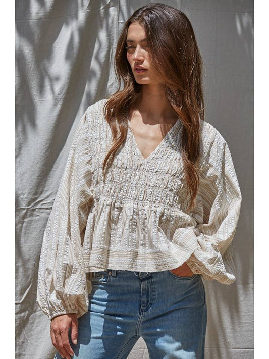 Woven Smocked Top - Ivory Taupe