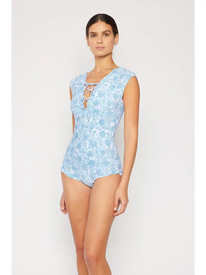 V Neck String Ruffle Swimsuit - Thistle