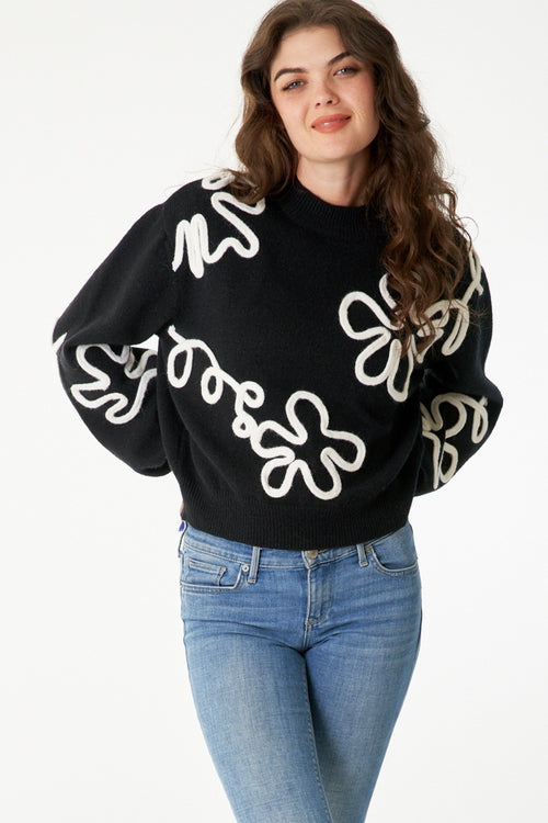 Floral Outline Mock Neck Sweater - Black