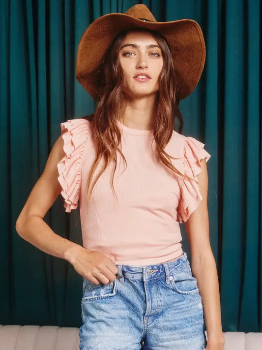 Ruffled Sleeve Cropped Top - Peach