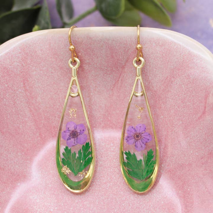 Dried Floral Earrings - Purple Teardrop