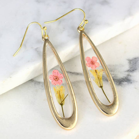 Dried Floral Earrings - Pink Long Teardrop