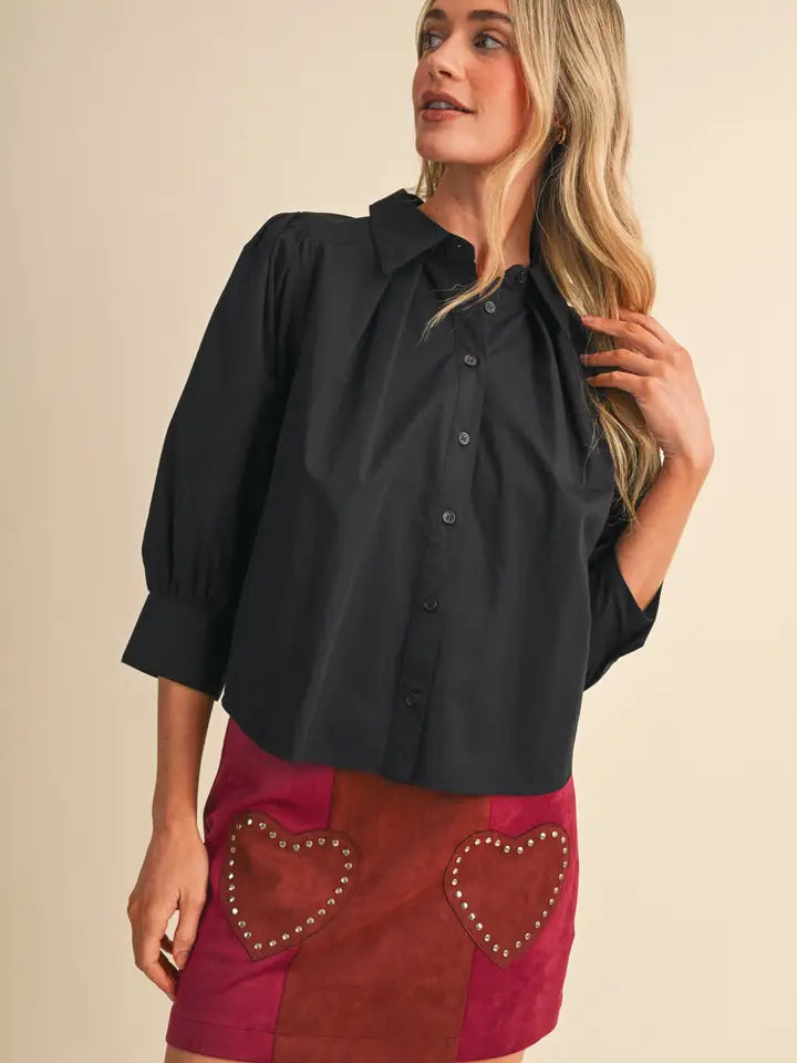Puff Sleeve Button Down Top - Black