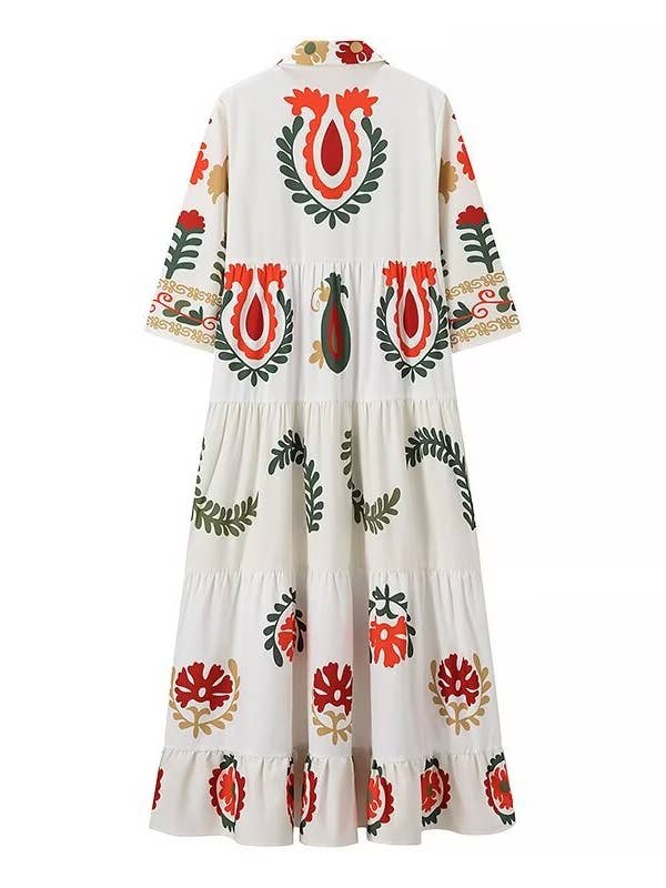 3/4 Sleeve Tiered Maxi Dress - White