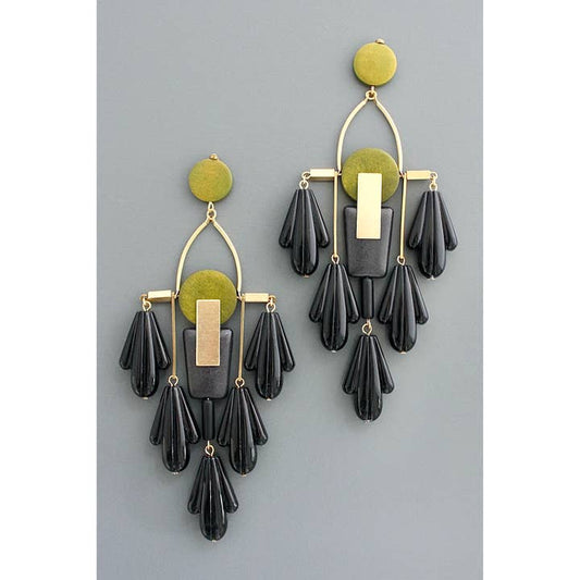 Chandelier Art Deco Black and Green Earrings