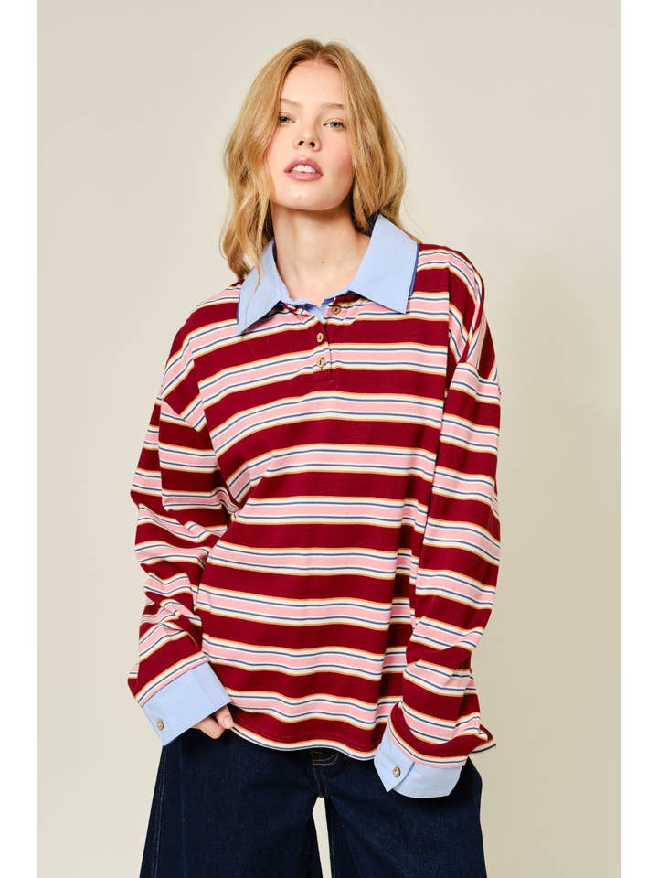 Striped Twofer Sweater - Wine/Pink