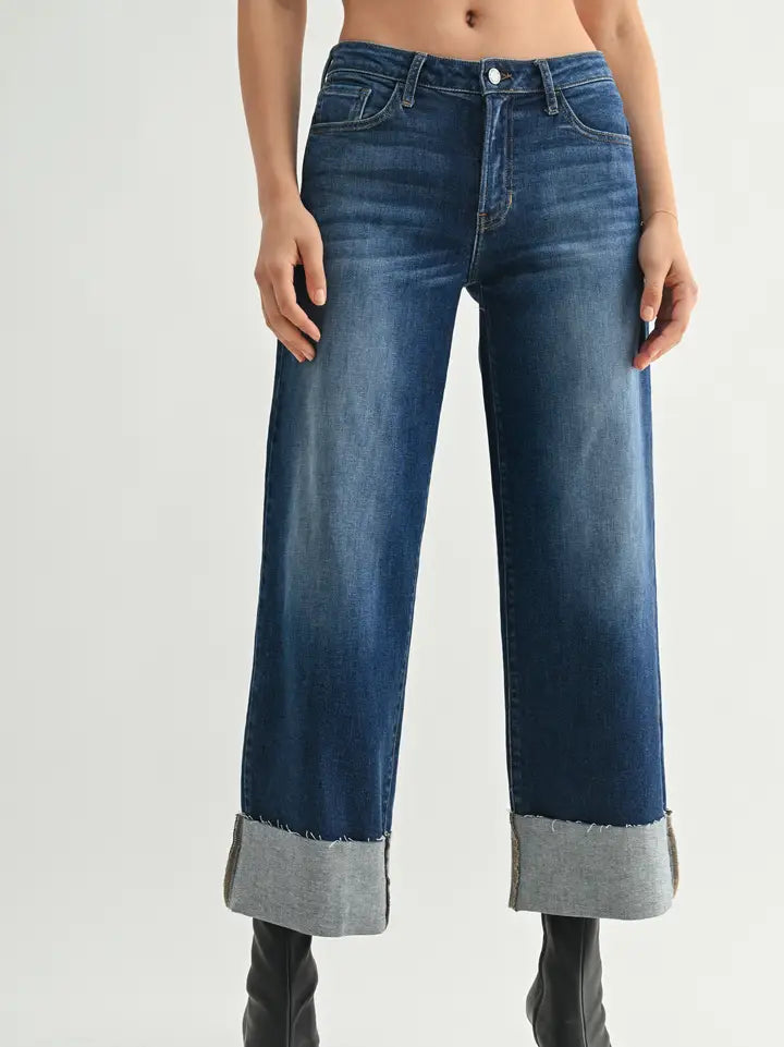 Scissor Cut Cuffed Wide Leg - Dark Denim