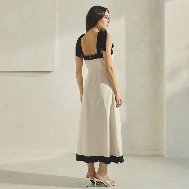 Contrast Pleated Midi Dress - Natural/Black
