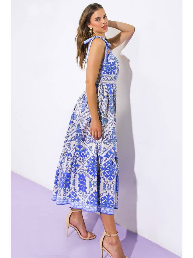 Printed Woven Midi Dress - Ivory Blue