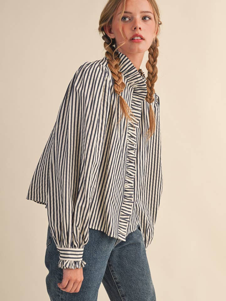 Striped Ruffle Long Sleeve Button Down - Black