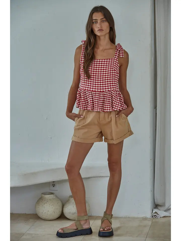 Gingham Peplum Top - Red