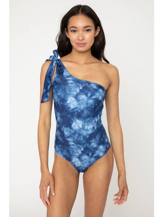 One-Off Shoulder Tie Swimsuit - Tie Dye Blue