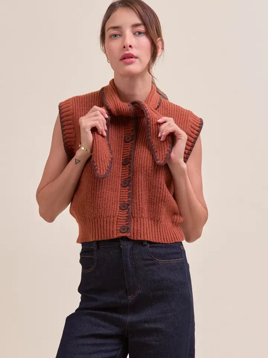 Tie Neck Sweater Vest - Caramel Brown