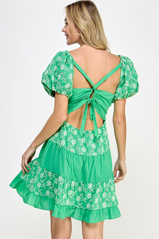 Tiered Eyelet Mini Dress - Green