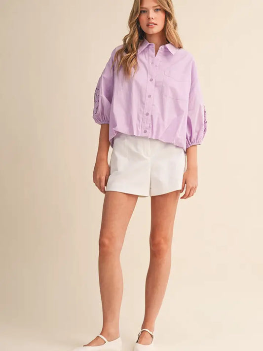 Embroidered Bubble Sleeve Button Down - Sweet Lilac