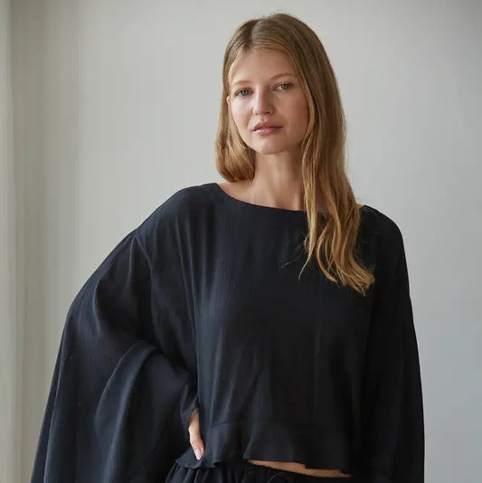 Ruffle Long Sleeve Top - Black