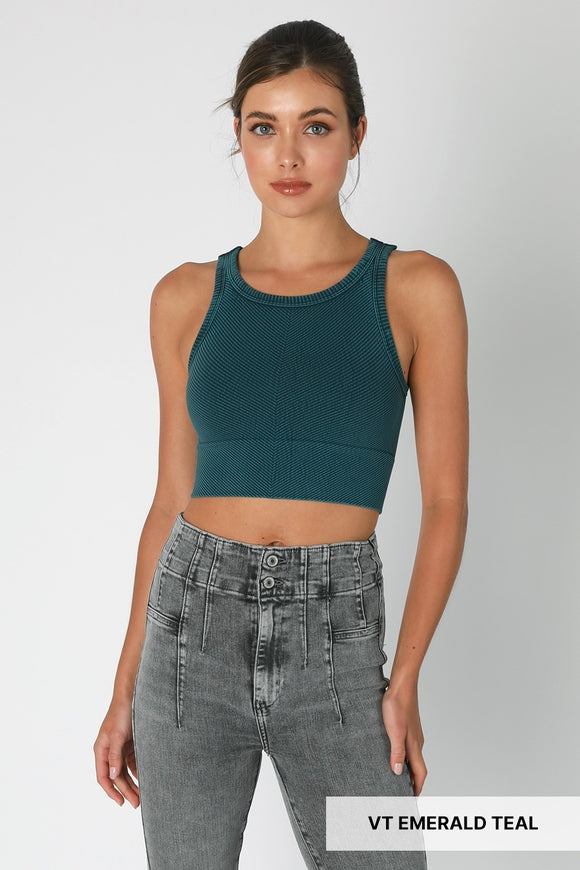 Chevron Highneck Crop Top - Vintage Emerald Teal