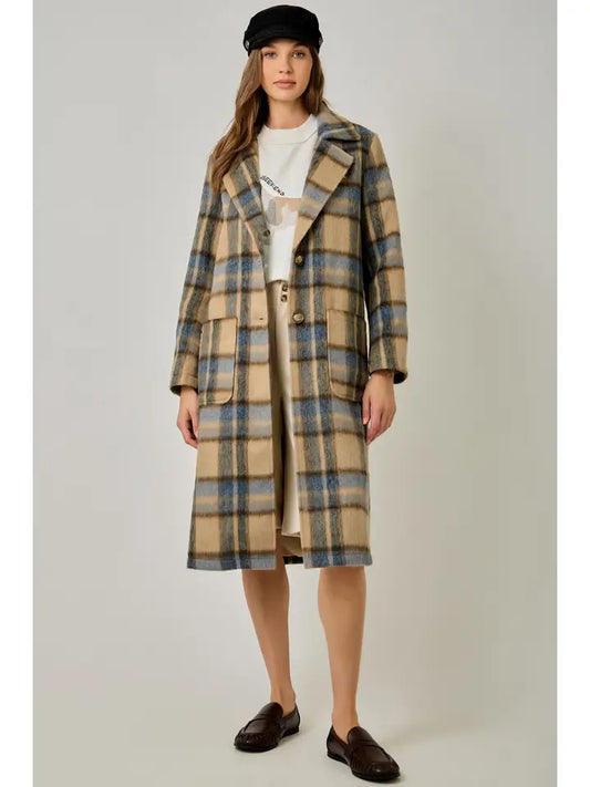 Brushed Plaid Long Coat - Latte Mix