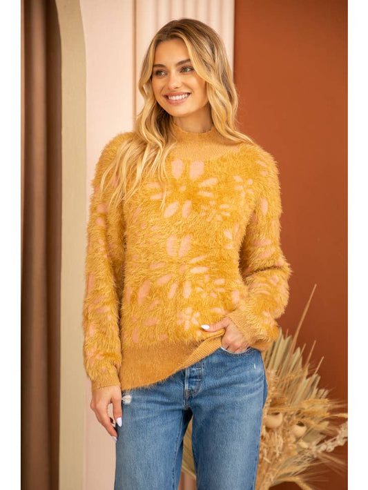 Floral and Stripe Fuzzy Sweater - Mustard