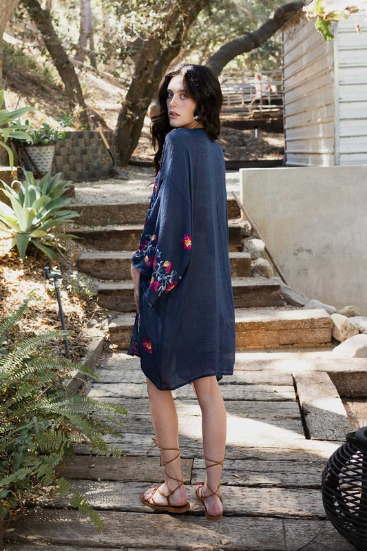 Anemone Embroidered Kimono - Navy