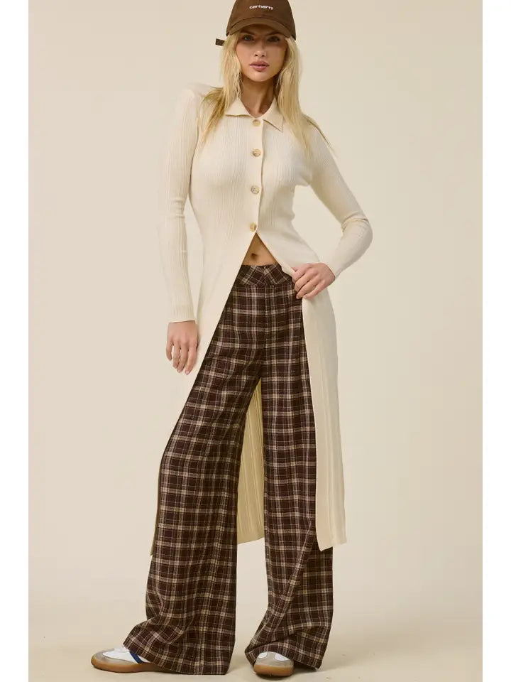 Collared Ribbed Knit Duster Cardigan - Ecru