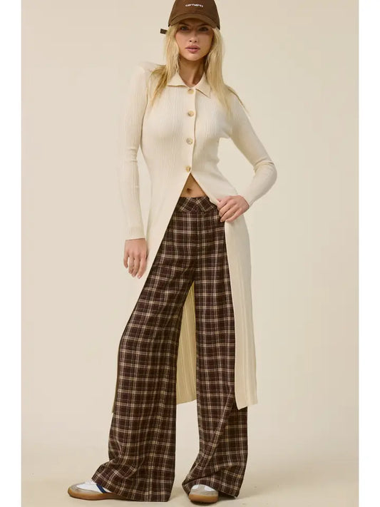 Collared Ribbed Knit Duster Cardigan - Ecru