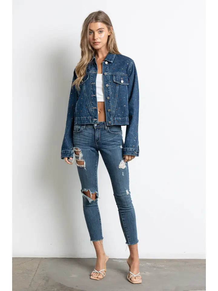 Rhinestone Denim Jacket - Dark Denim