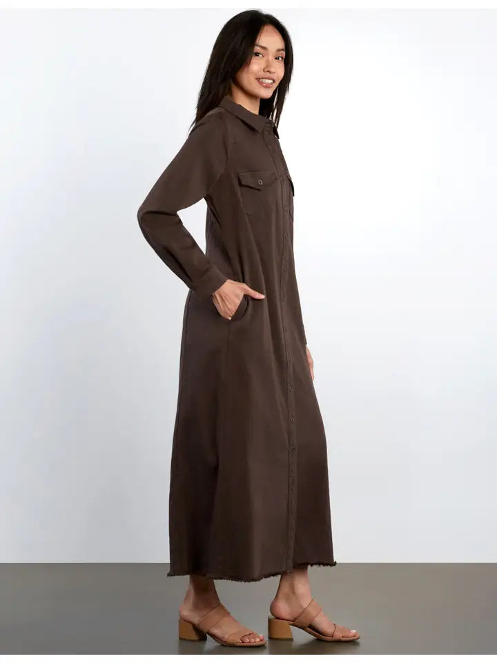 Denim Maxi Shirt Dress - Chocolate Brown