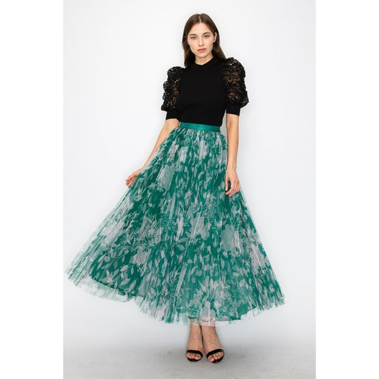 Floral Mesh Maxi Skirt - Green