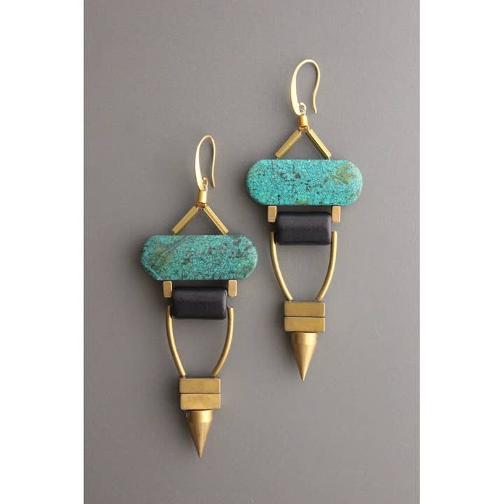 Green Turquoise and Black Stone Geometric Earrings