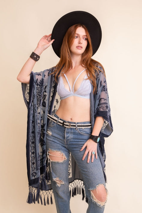 Velvet Mesh Tapestry Tassel Kimono - Blue