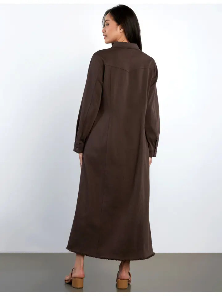 Denim Maxi Shirt Dress - Chocolate Brown