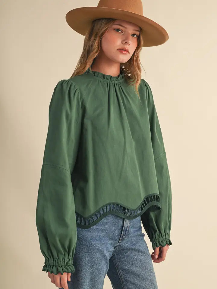 Embroidered Cut-Out Hem Long Sleeve Top - Sage Garden
