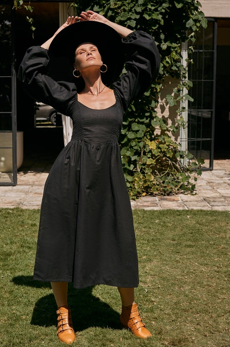 Alila Smocked Linen Midi Dress - Black