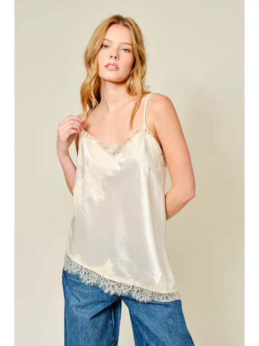 Cut Out Satin Lace Top - Champagne