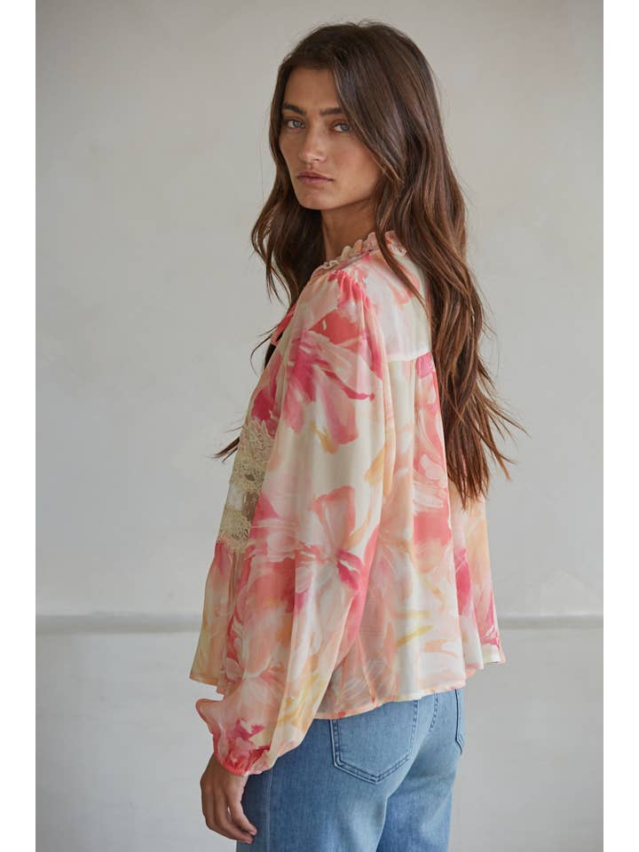 Lace Detail Blouse - Coral Multi