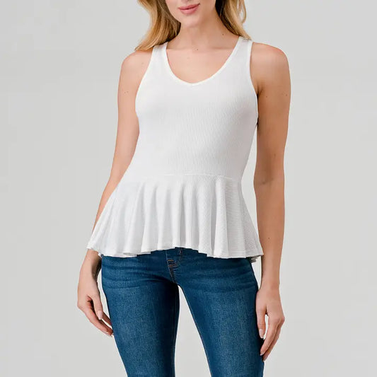 Peplum Ribbed Tank - White