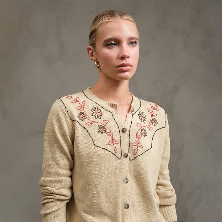 Embroidered Knit Cardigan - Beige