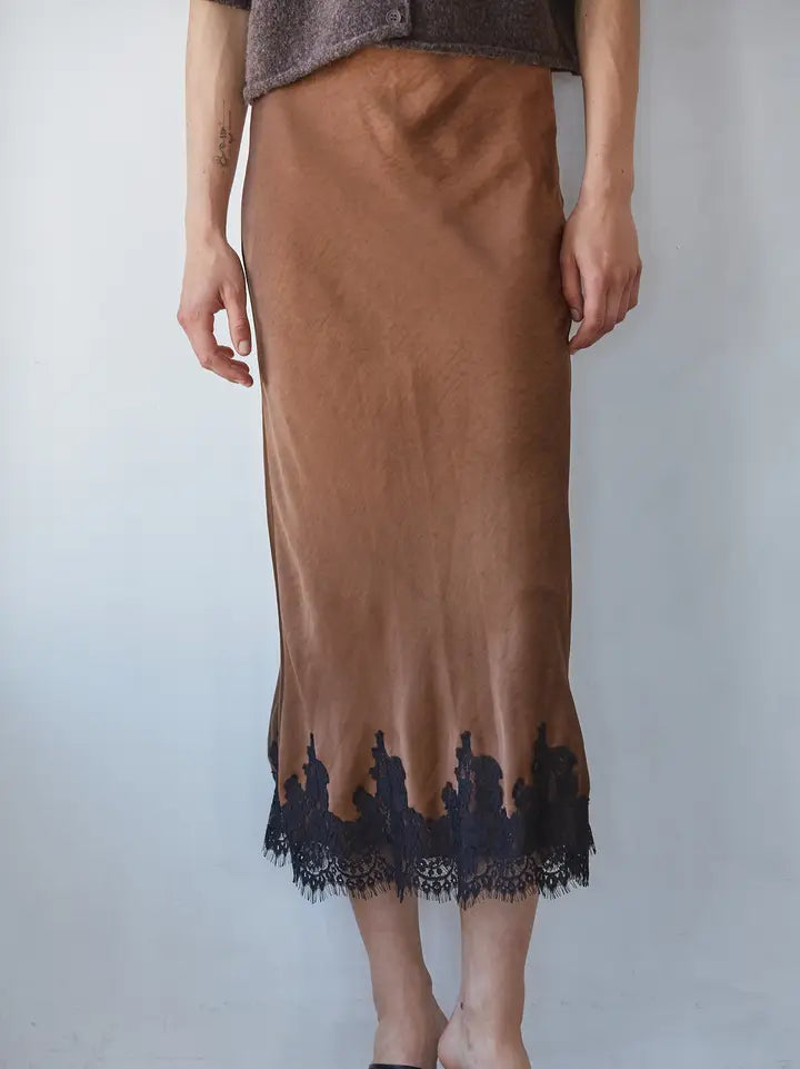 Lace Detail Satin Midi Skirt - Brown Black