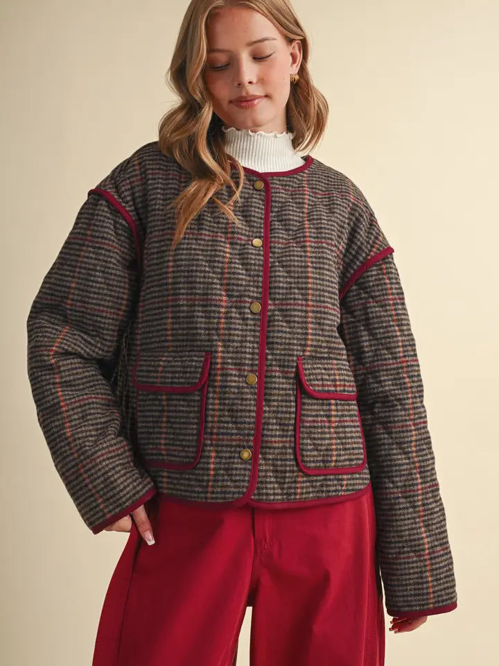 Houndstooth Jacket with Contrast Binding - Brown Multi Plaid
