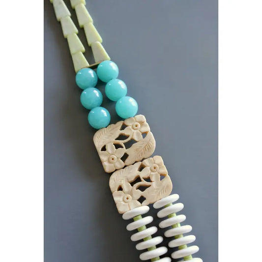 Double Strand Carved Buffalo Bone and Jasper Necklace