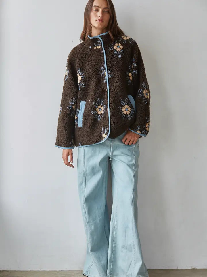 Floral Sherpa Fleece Jacket - Chocolate Brown