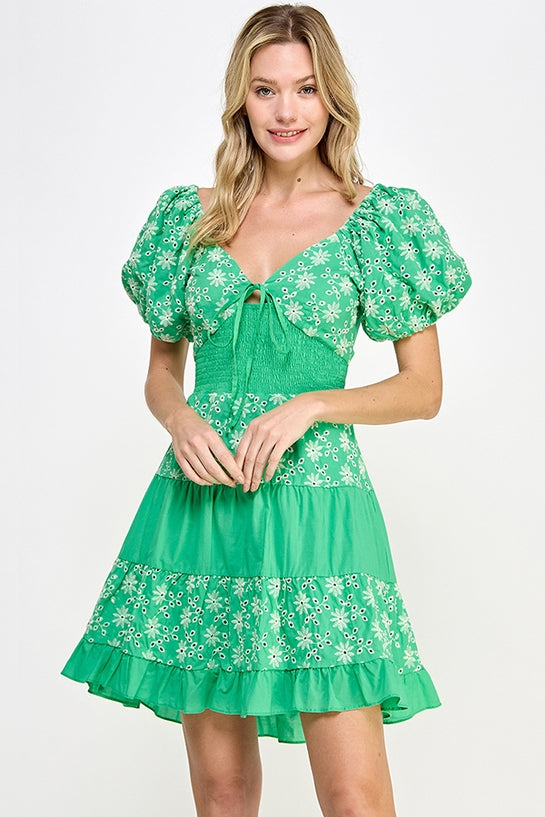 Tiered Eyelet Mini Dress - Green