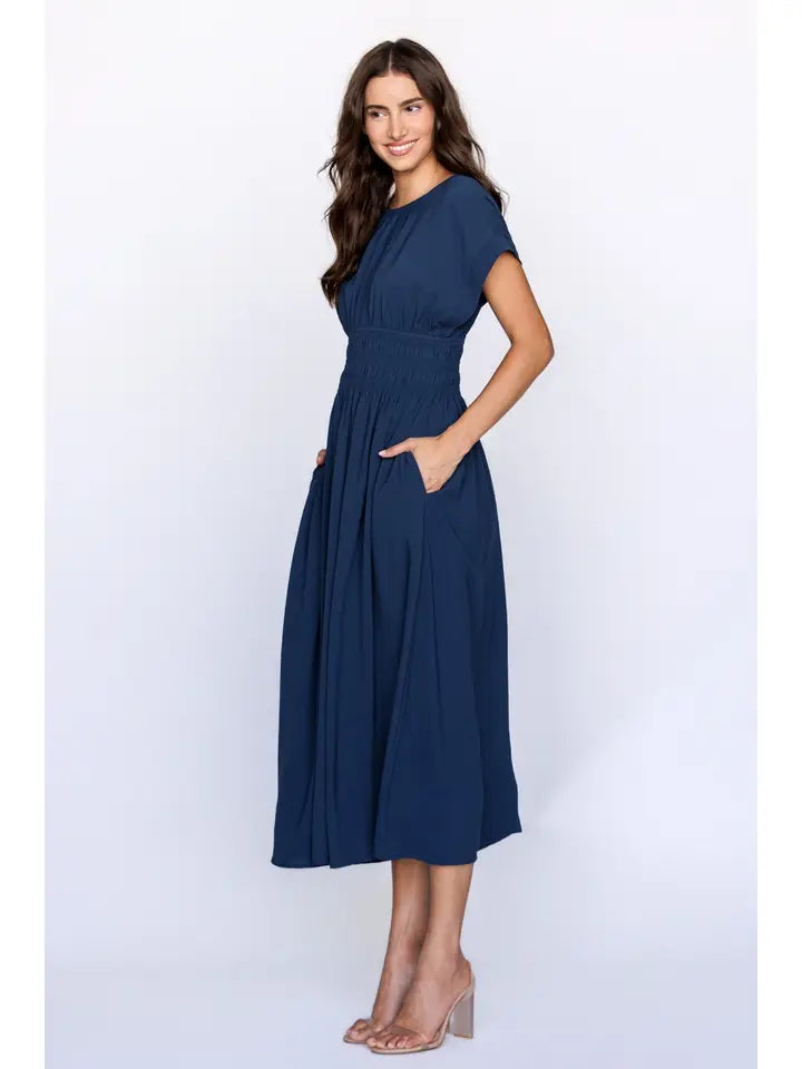 Smocked Waist Midi Dress - Dark Teal