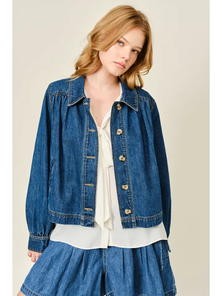 Flare Collared Denim Jacket - Dark Denim