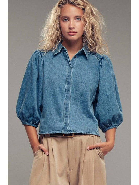 Puff Sleeve Blouse - Denim