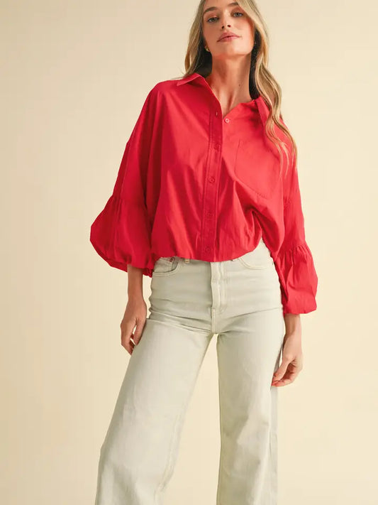 Bubble Sleeve Button Down - Berry Red